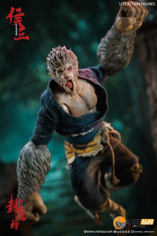 This 1/12 scale articulated figure of the martial artist monk Wukong measures around 6.5 inches tall and features real fabric clothing, alternate hands, monkey mask, beaded necklace, 2 bananas, and his monk staff. This deluxe version also comes with an alternate monkey head sculpt, golden palm effect, 2 ape forearms with fists, wind effects, and 2 extra staffs. 