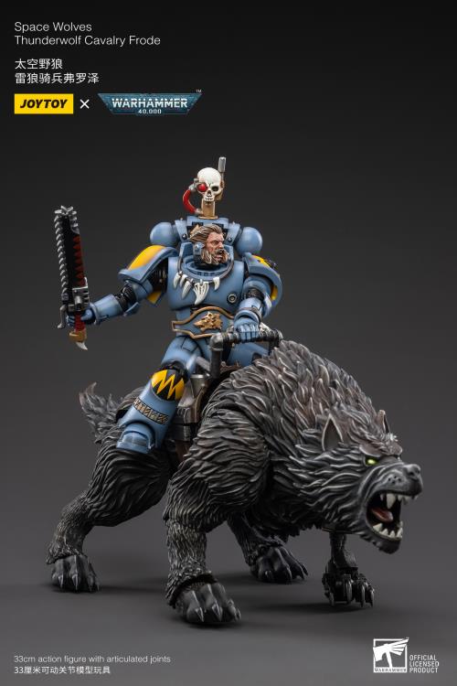 From Joy Toy, the Mountains of the Maelstrom come the legendary Space Wolves Thunderwolf, Cavalry Bjane and Frode ride into battle on his giant wolf as a detailed 1/8 scale figure. Each JoyToy figure includes interchangeable hands and weapon accessories and stands between 4" and 6" tall.