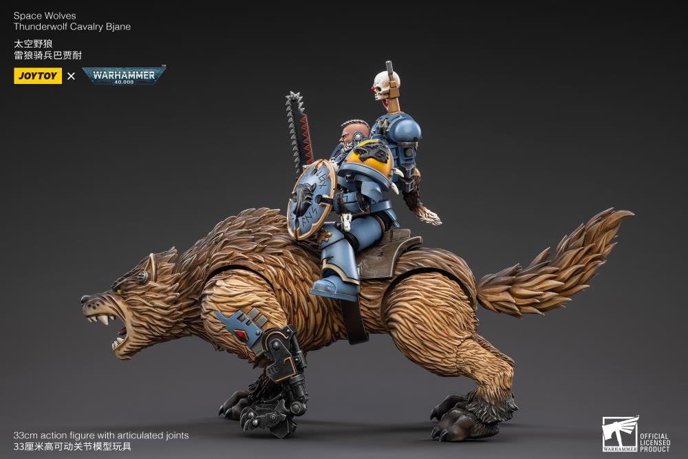 From Joy Toy, the Mountains of the Maelstrom come the legendary Space Wolves Thunderwolf, Cavalry Bjane and Frode ride into battle on his giant wolf as a detailed 1/8 scale figure. Each JoyToy figure includes interchangeable hands and weapon accessories and stands between 4" and 6" tall.