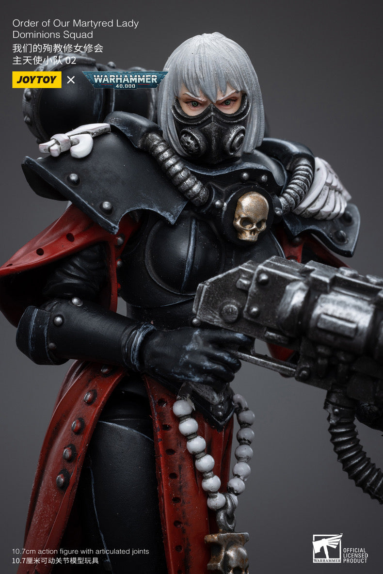 Joy Toy brings sisters of battles Order of Our Martyred Lady Dominions Squad Set of 5, 1/18 scale figures. JoyToy each figure includes interchangeable hands and weapon accessories and stands between 4" and 6" tall.