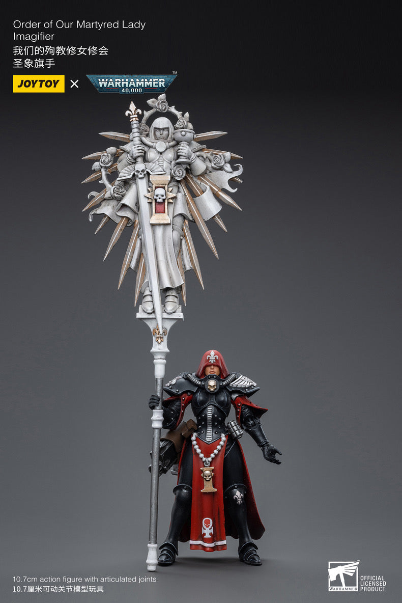 Joy Toy brings sisters of battles Order of Our Martyred Lady Dominions Squad Set of 5, 1/18 scale figures. JoyToy each figure includes interchangeable hands and weapon accessories and stands between 4" and 6" tall.