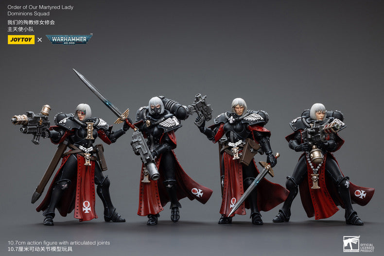 Joy Toy brings sisters of battles Order of Our Martyred Lady Dominions Squad Set of 5, 1/18 scale figures. JoyToy each figure includes interchangeable hands and weapon accessories and stands between 4" and 6" tall.