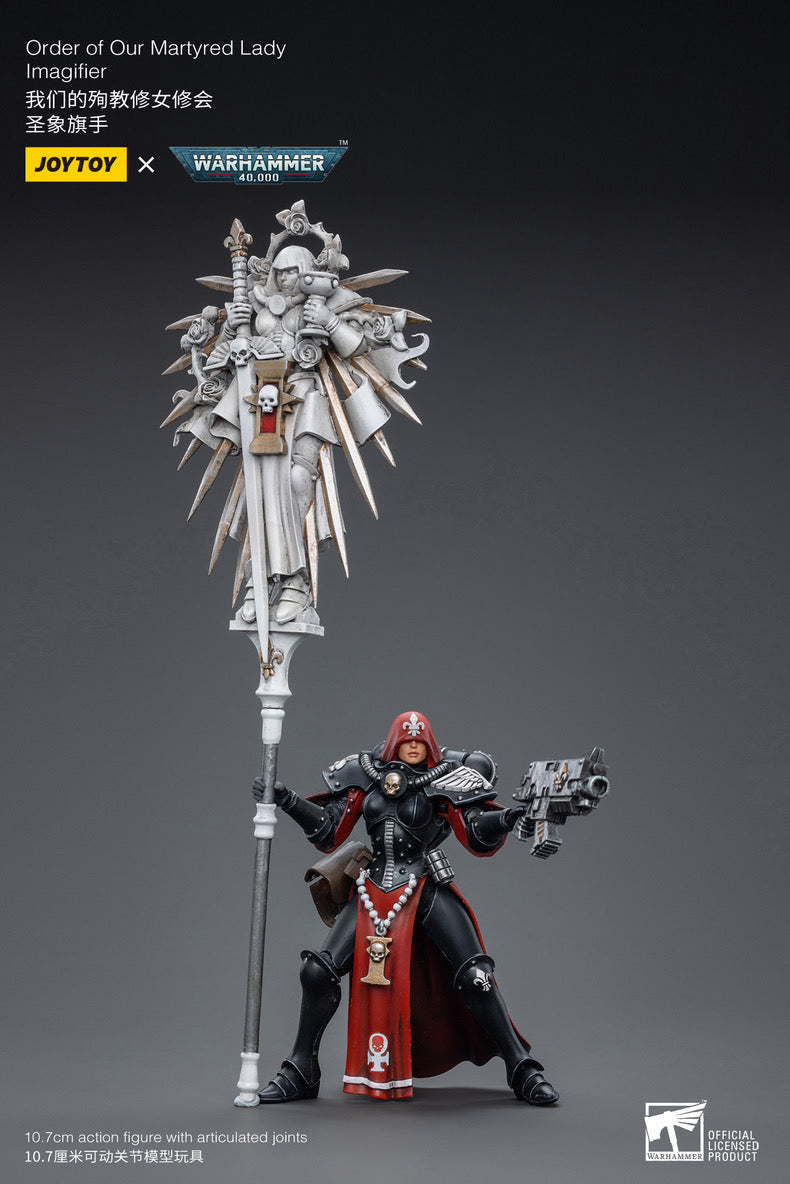 Joy Toy brings sisters of battles Order of Our Martyred Lady Dominions Squad Set of 5, 1/18 scale figures. JoyToy each figure includes interchangeable hands and weapon accessories and stands between 4" and 6" tall.