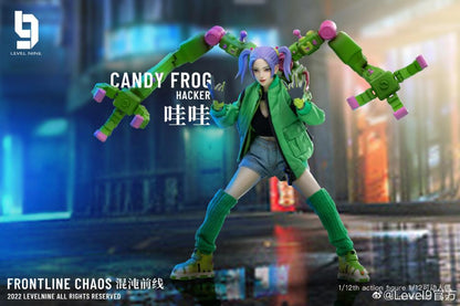 From Joy Toy, the Frontline Chaos figure series continues in 1/12 Scale. Dressed in real cloth and stylish clothing, the Candyfrog Hacker figure is ready to run into battle with her trusty headset, backpack and weapon combos. 