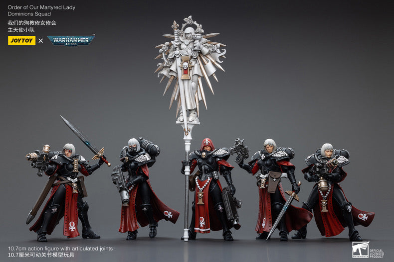 Joy Toy brings sisters of battles Order of Our Martyred Lady Dominions Squad Set of 5, 1/18 scale figures. JoyToy each figure includes interchangeable hands and weapon accessories and stands between 4" and 6" tall.