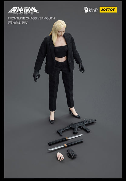 Joy Toy Frontline Chaos figure series continues in 1/12 Scale. Dressed in real cloth and stylish clothing, JoyToy Vermouth and Bourbon figure is ready to run into battle with her weapon combos. 