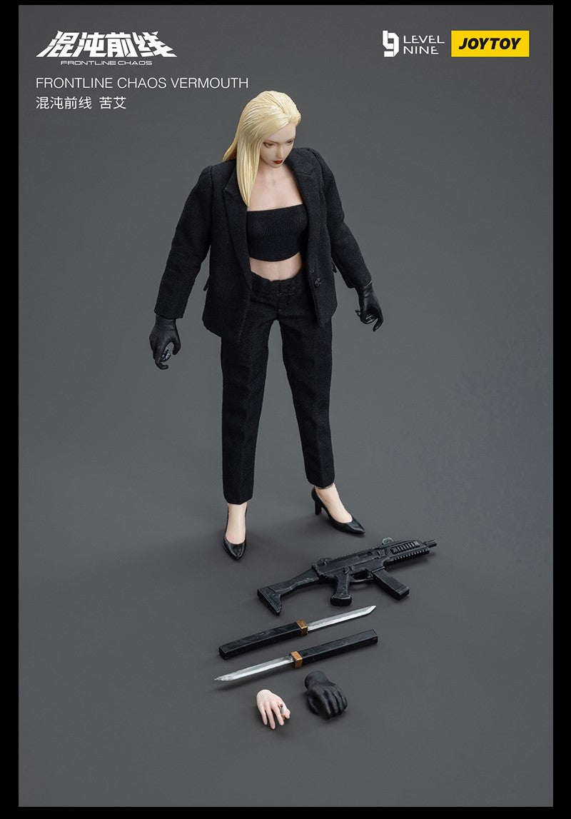 Joy Toy Frontline Chaos figure series continues in 1/12 Scale. Dressed in real cloth and stylish clothing, JoyToy Vermouth figure is ready to run into battle with her weapon combos. 